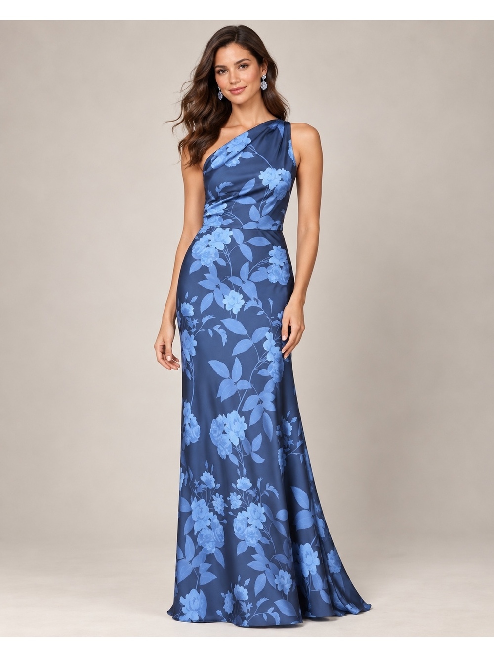 Sachin & Babi Delphine Slate Blue Floral One Shoulder Gown Size 4 NWOT